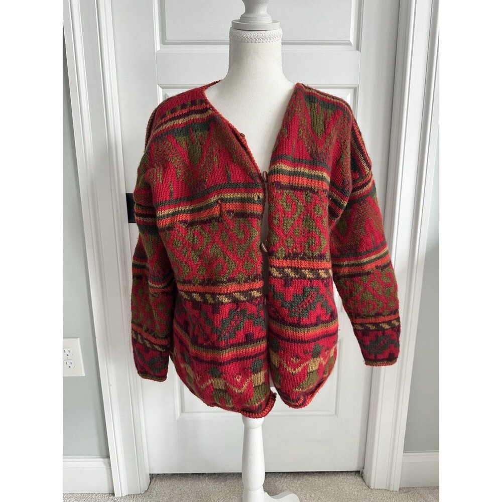 Vintage Hand Knit Wool Cardigan South American Motif Red Green Chunky Boho L/XL